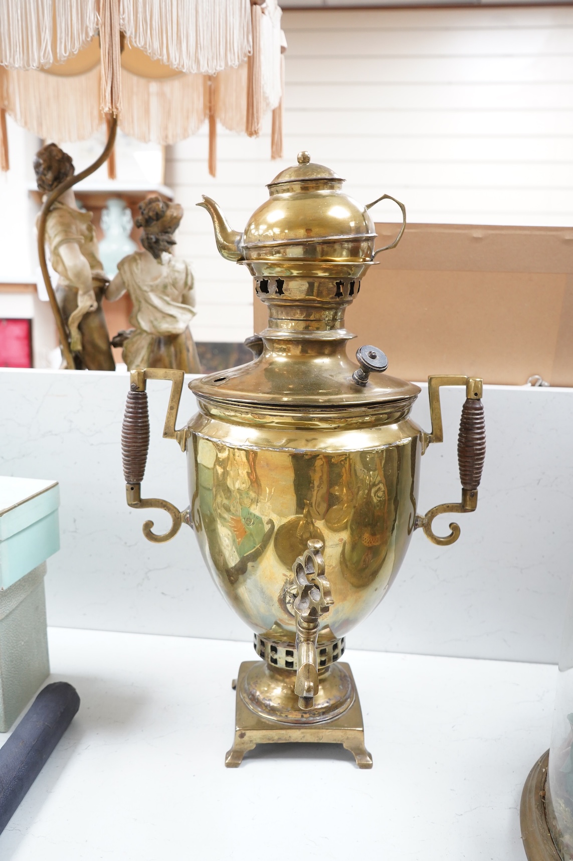 A Turkish brass samovar, a brass tray and a Middle Eastern coffee pot, largest 57cm high